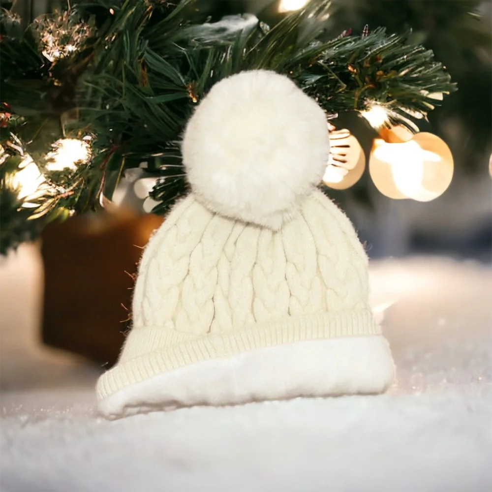 Women’s Ribbed Knit Pom Pom Beanie Off White Fall Winter Hats Cozy - Picture 2 of 4